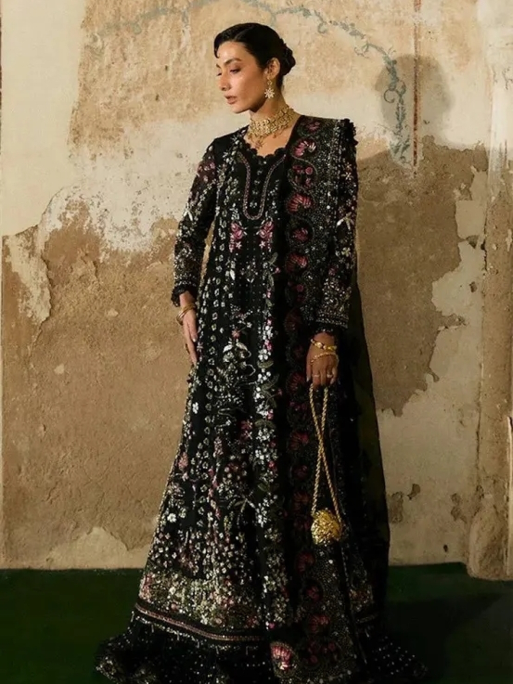 Elegant Black Embroidered Women's Dress with Floral Accents